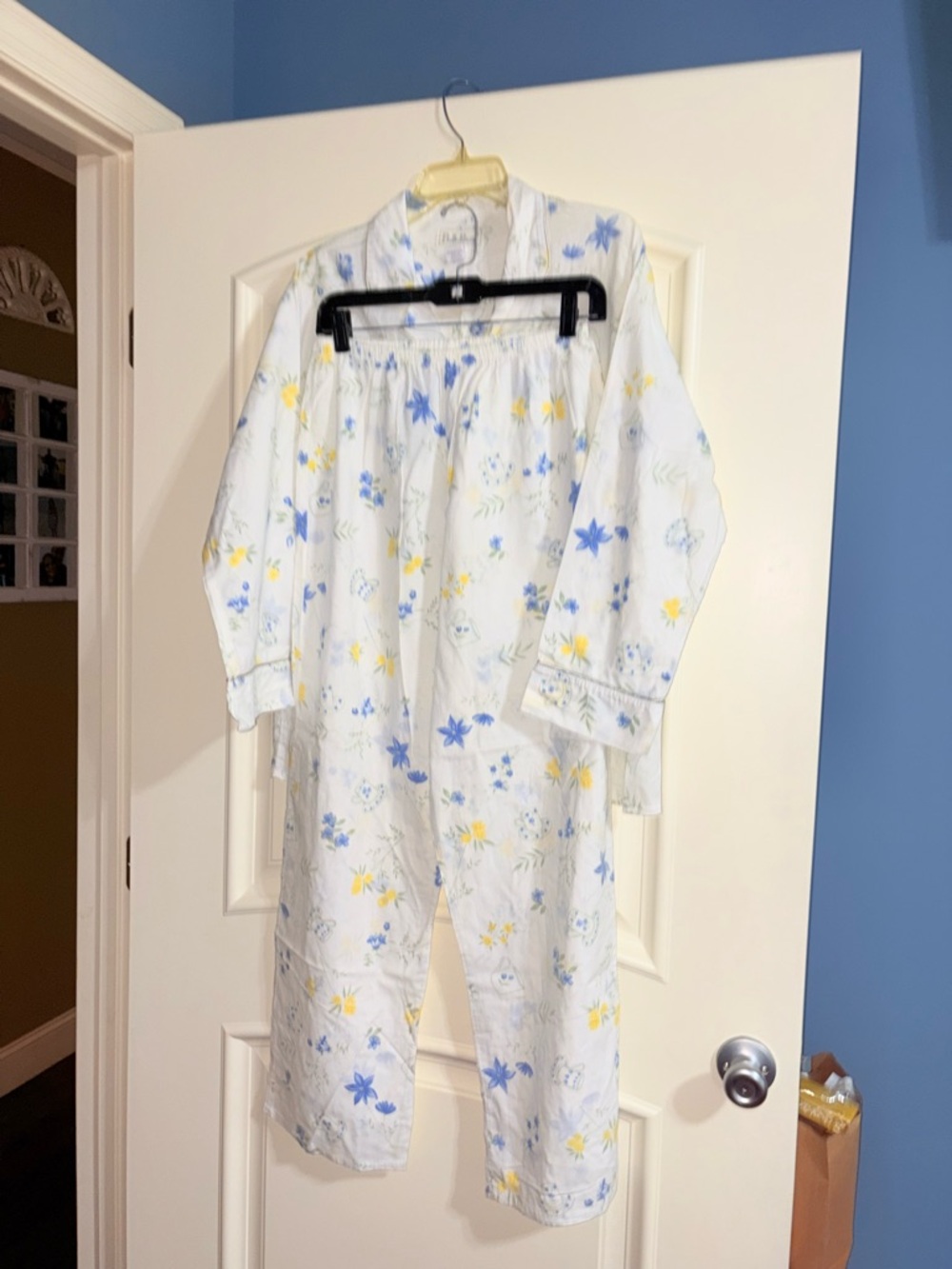 Woman’s Floral Pajama Set - White with Blue & Yellow Flowers
